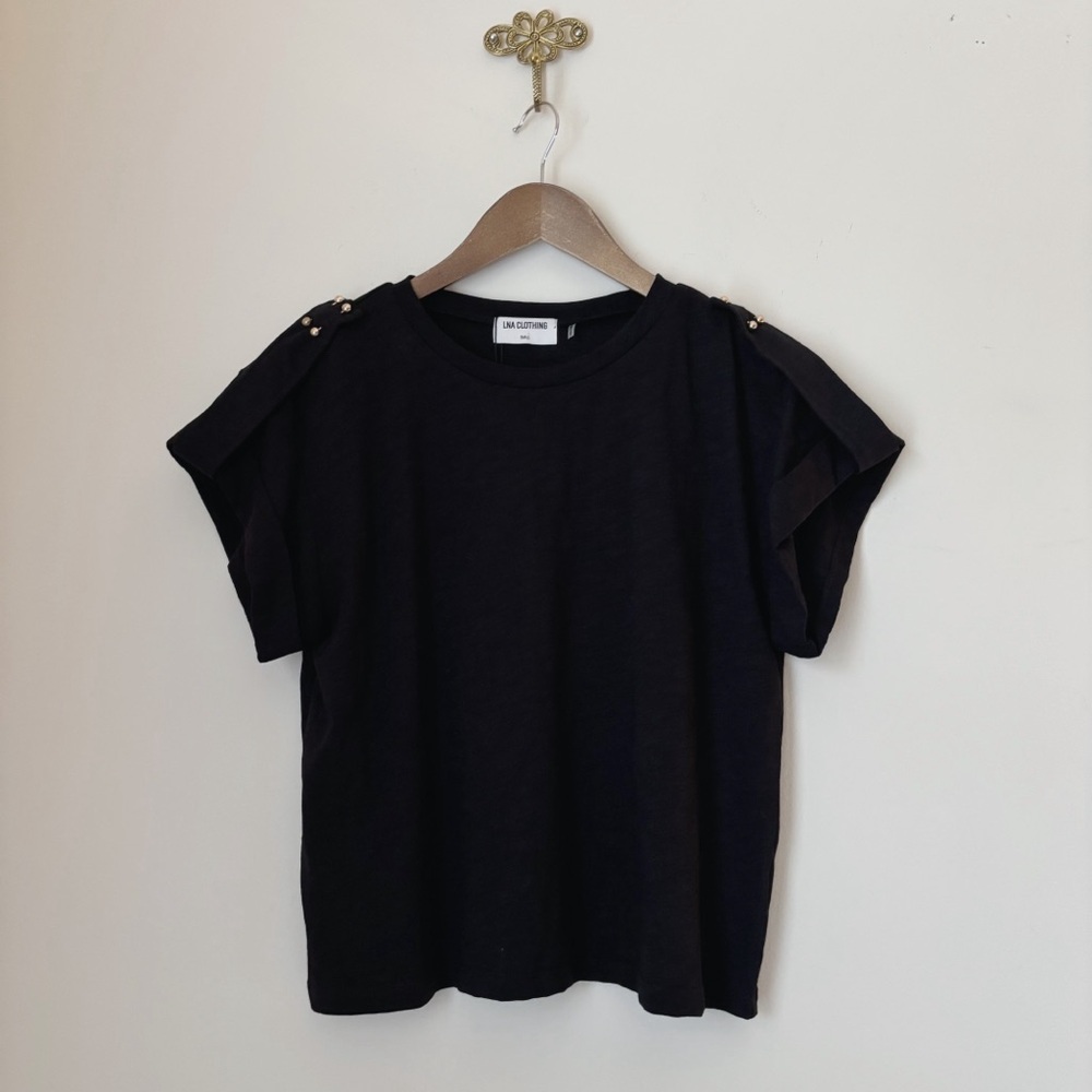 LNA Dunne Black Epaulette Accent Slub Knit T Shirt Small NEW NWT